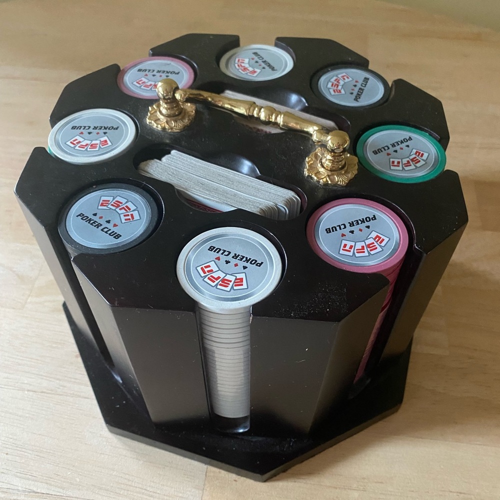 ESPN poker chip set in a wooden carousel case